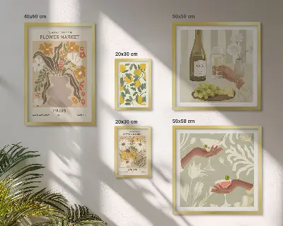 Blomster og frugter i vintagestil billedsæt til over sofaen