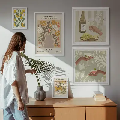 Blomster og frugter i vintagestil billedsæt til over sofaen