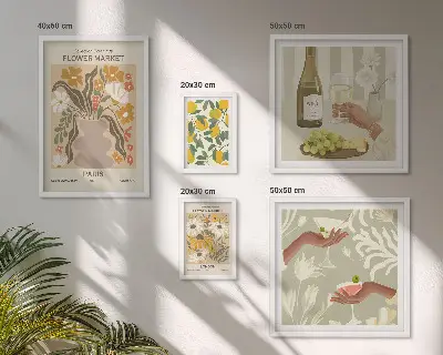 Blomster og frugter i vintagestil billedsæt til over sofaen