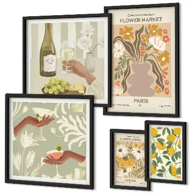 Blomster og frugter i vintagestil billedsæt til over sofaen