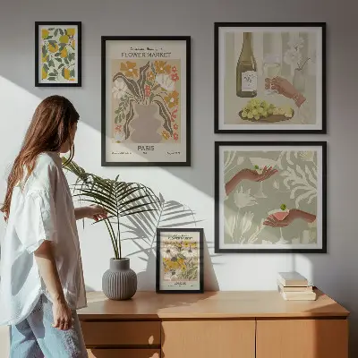 Blomster og frugter i vintagestil billedsæt til over sofaen