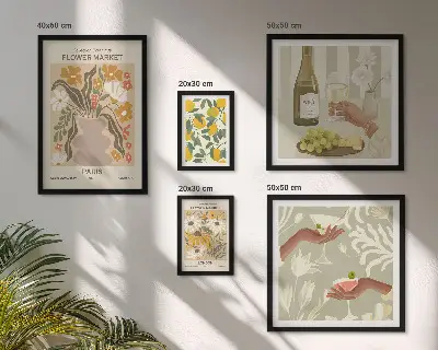 Blomster og frugter i vintagestil billedsæt til over sofaen
