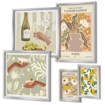 Blomster og frugter i vintagestil billedsæt til over sofaen