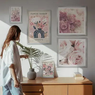 Billedkomposition til væg med blomsterdekorationer i boho-stil