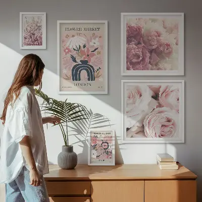 Billedkomposition til væg med blomsterdekorationer i boho-stil