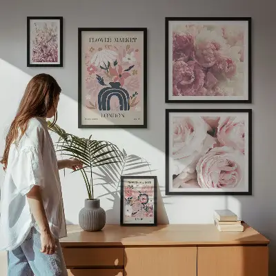 Billedkomposition til væg med blomsterdekorationer i boho-stil