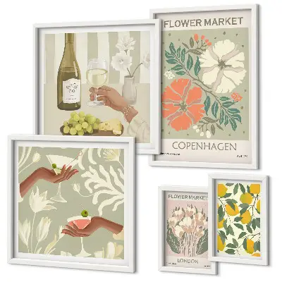Billedsæt over sofa med blomster og frugter i vintagestil