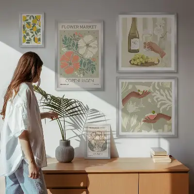 Billedsæt over sofa med blomster og frugter i vintagestil
