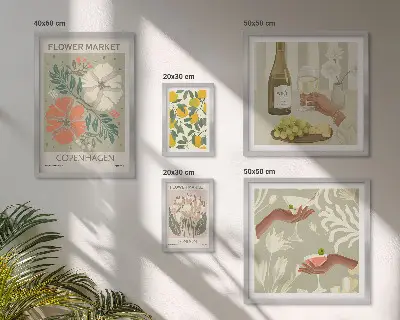 Billedsæt over sofa med blomster og frugter i vintagestil