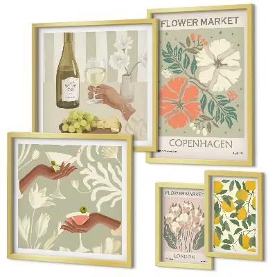 Billedsæt over sofa med blomster og frugter i vintagestil