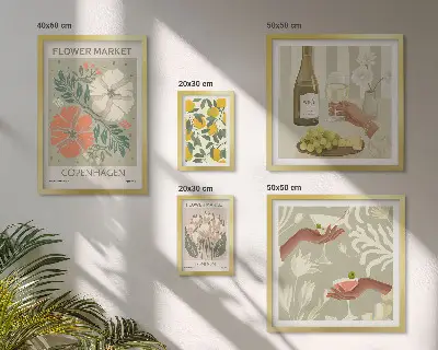 Billedsæt over sofa med blomster og frugter i vintagestil