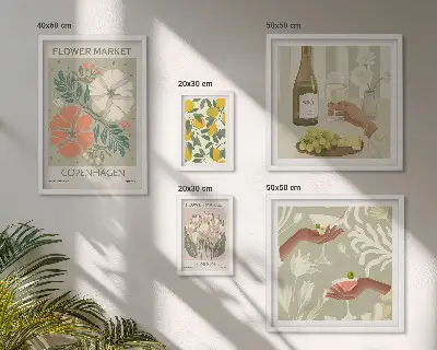 Billedsæt over sofa med blomster og frugter i vintagestil