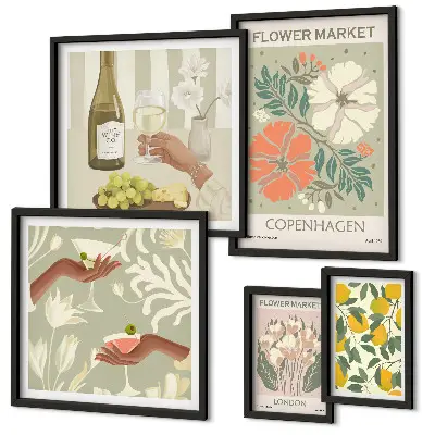 Billedsæt over sofa med blomster og frugter i vintagestil