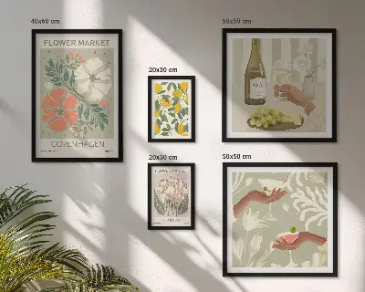 Billedsæt over sofa med blomster og frugter i vintagestil