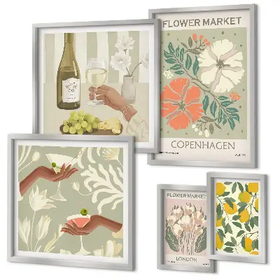 Billedsæt over sofa med blomster og frugter i vintagestil