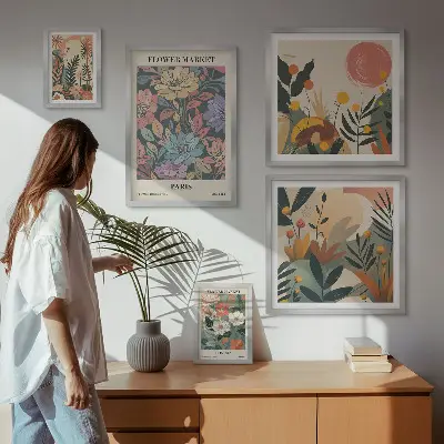 Billedkomposition til væg med blomstermotiver fra Paris og London