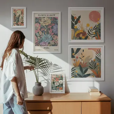 Billedkomposition til væg med blomstermotiver fra Paris og London