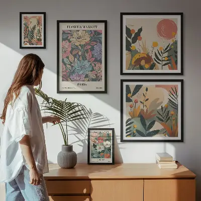 Billedkomposition til væg med blomstermotiver fra Paris og London