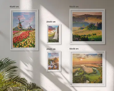 Billedsæt over sofa naturlandskaber med vandfald og vindmøller
