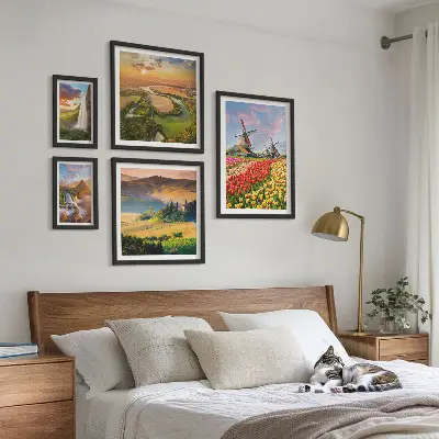 Billedsæt over sofa naturlandskaber med vandfald og vindmøller
