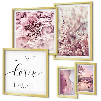 Billedkomposition til væg med blomstermotiver og pastelfarvede slogans