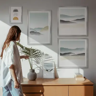 Abstrakte naturlandskaber billedsæt over sofa