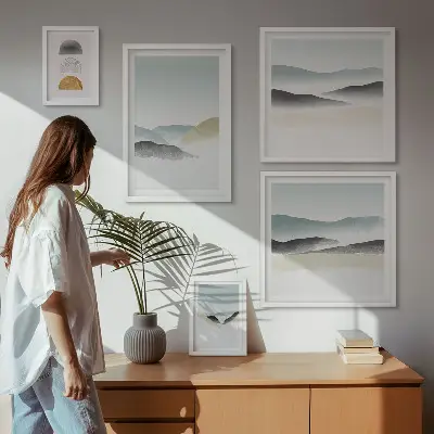 Abstrakte naturlandskaber billedsæt over sofa