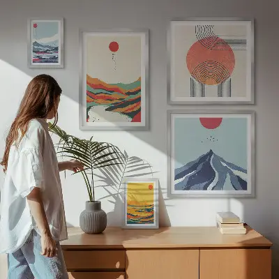Abstrakte bjerglandskaber billedsæt over sofa