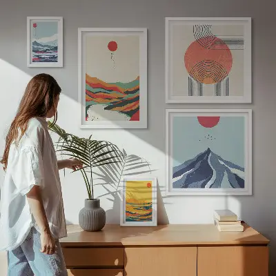 Abstrakte bjerglandskaber billedsæt over sofa
