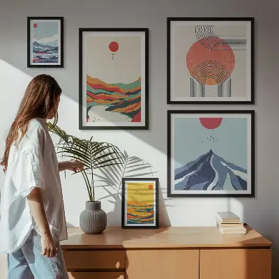 Abstrakte bjerglandskaber billedsæt over sofa