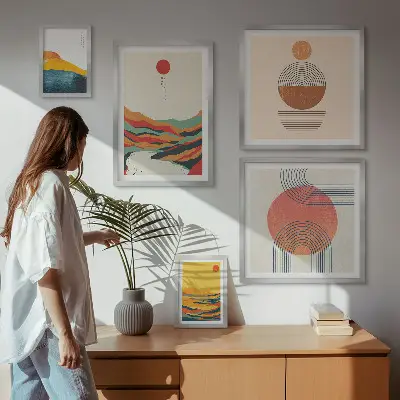 Abstrakte geometriske landskaber billedsæt til over sofaen