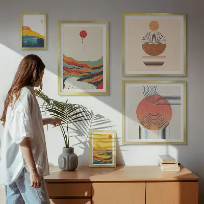Abstrakte geometriske landskaber billedsæt til over sofaen