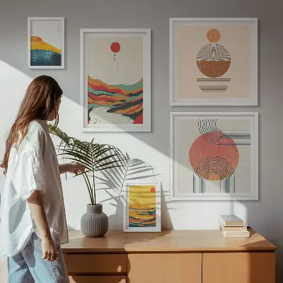 Abstrakte geometriske landskaber billedsæt til over sofaen