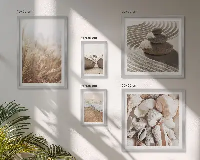 Billedsæt over sofa med motiv af strandmuslinger og sand