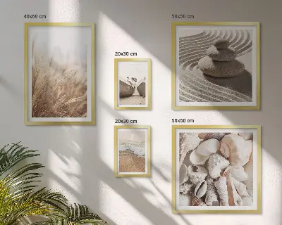 Billedsæt over sofa med motiv af strandmuslinger og sand