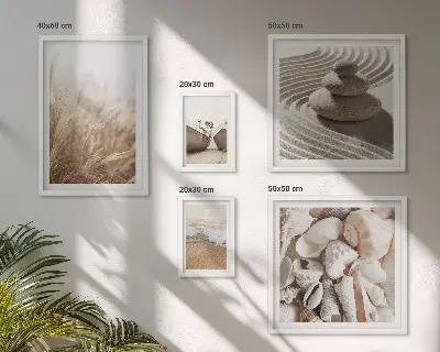 Billedsæt over sofa med motiv af strandmuslinger og sand