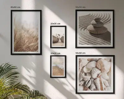 Billedsæt over sofa med motiv af strandmuslinger og sand