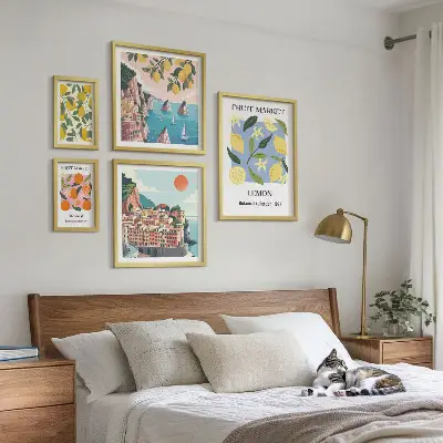 Vintage frugtlandskaber billedsæt til ophængning over sofa