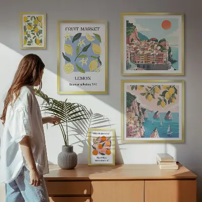 Vintage frugtlandskaber billedsæt til ophængning over sofa