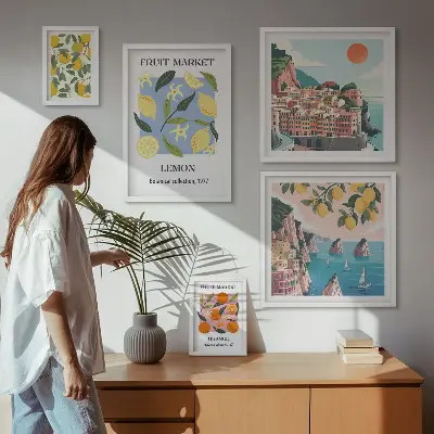Vintage frugtlandskaber billedsæt til ophængning over sofa