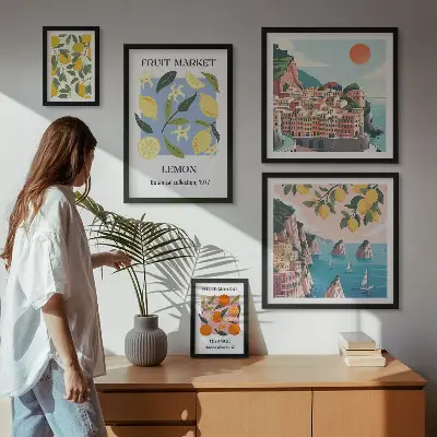 Vintage frugtlandskaber billedsæt til ophængning over sofa