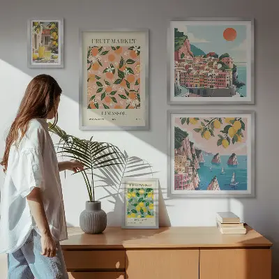 Billedkomposition til væg med motiv af frugtmarkeder ved havet