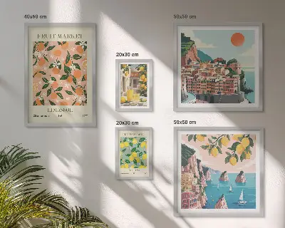 Billedkomposition til væg med motiv af frugtmarkeder ved havet