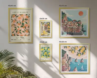 Billedkomposition til væg med motiv af frugtmarkeder ved havet
