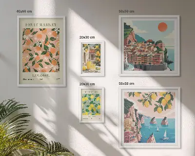Billedkomposition til væg med motiv af frugtmarkeder ved havet