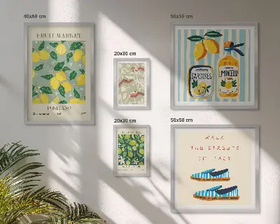 Billedsæt til sofa med frugtagtige vintage-motiver