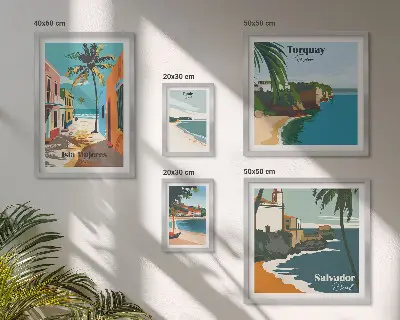 Billedkomposition til væg med farverige strande ved havet