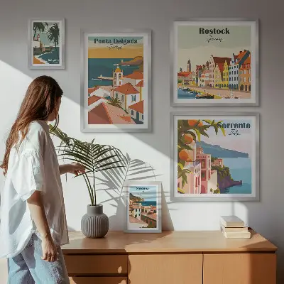 Europæiske bylandskaber billedsæt til ophængning over sofa