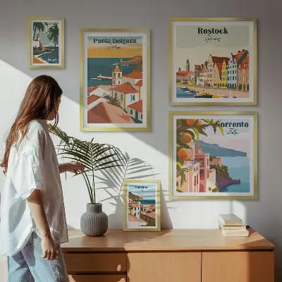 Europæiske bylandskaber billedsæt til ophængning over sofa