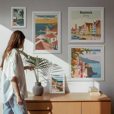 Europæiske bylandskaber billedsæt til ophængning over sofa